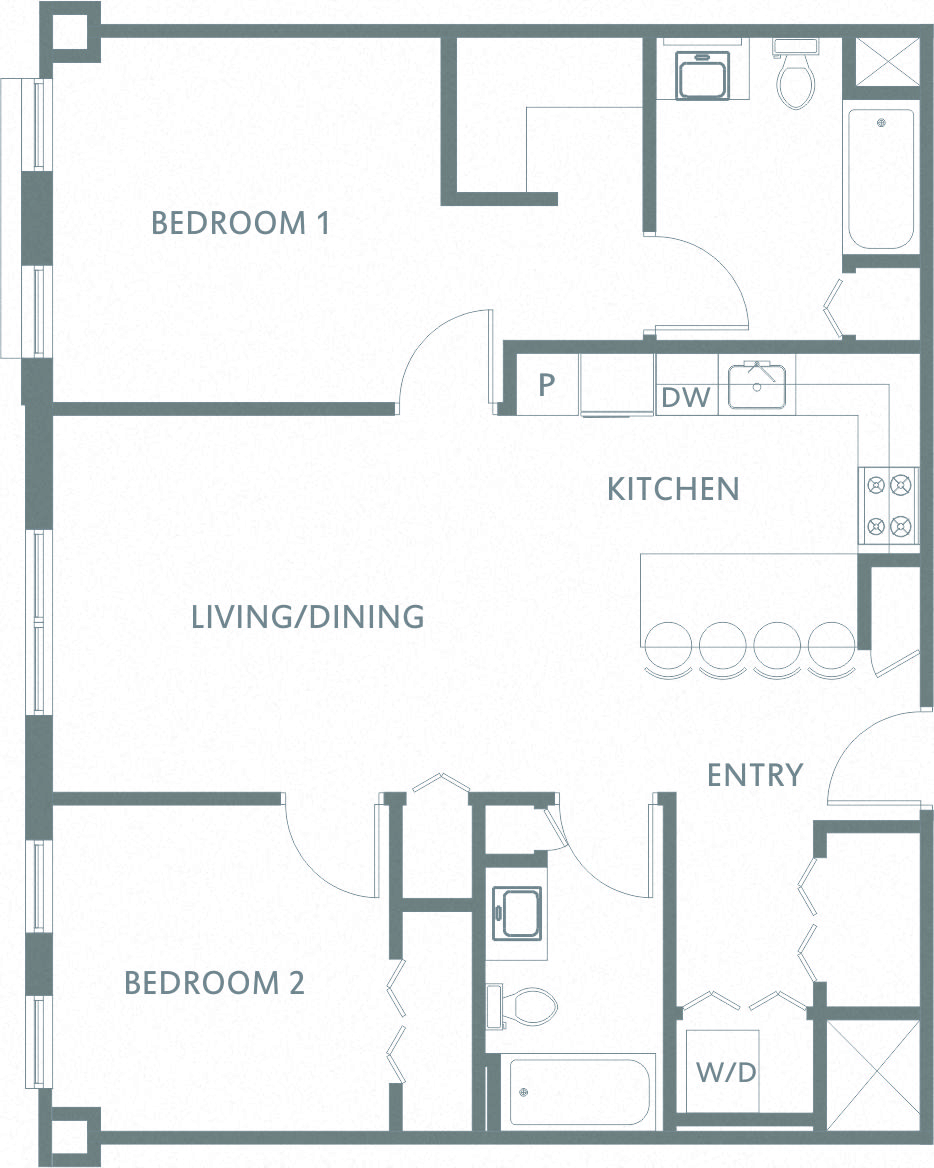 Floor plan for 2 beds, 2 baths, 950 sqft